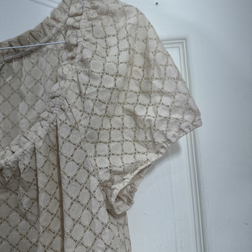 Ann Taylor LOFT Peasant Blouse Womens M Cream Gold Metallic Lace Ruffle Top - Picture 7 of 9